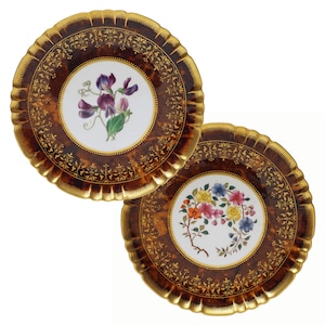 Pair Antique Minton Wall Hanging Plates Tortoiseshell Glaze Minton Botanical English Arts Crafts Interior Decor Gift Porcelain Collector