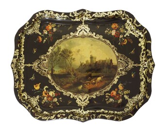 English Windsor Castle Decorated Metal Large Tray - 20th C., England