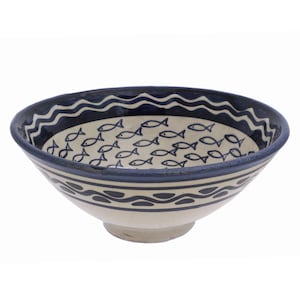 Morocco Safi Pottery Large Bowl Blue Fish Pattern Signed MCM Decor Bright Color Fruit Bowl Beach House Decor Housewarming Gift Hostess Gift