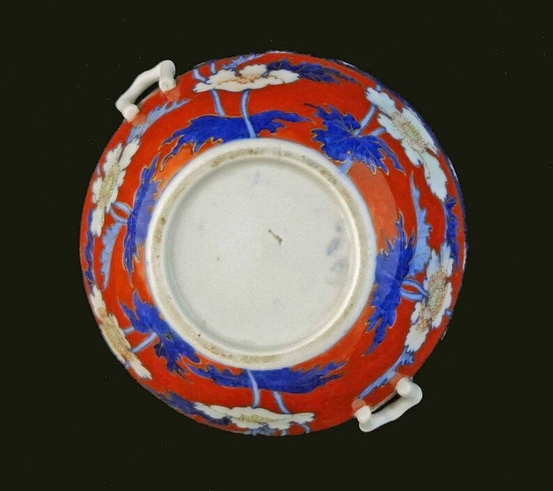 1921-1941 Japan Japanese Arita Ware Red Lidded Bowl with Underplate Poppy Decor c