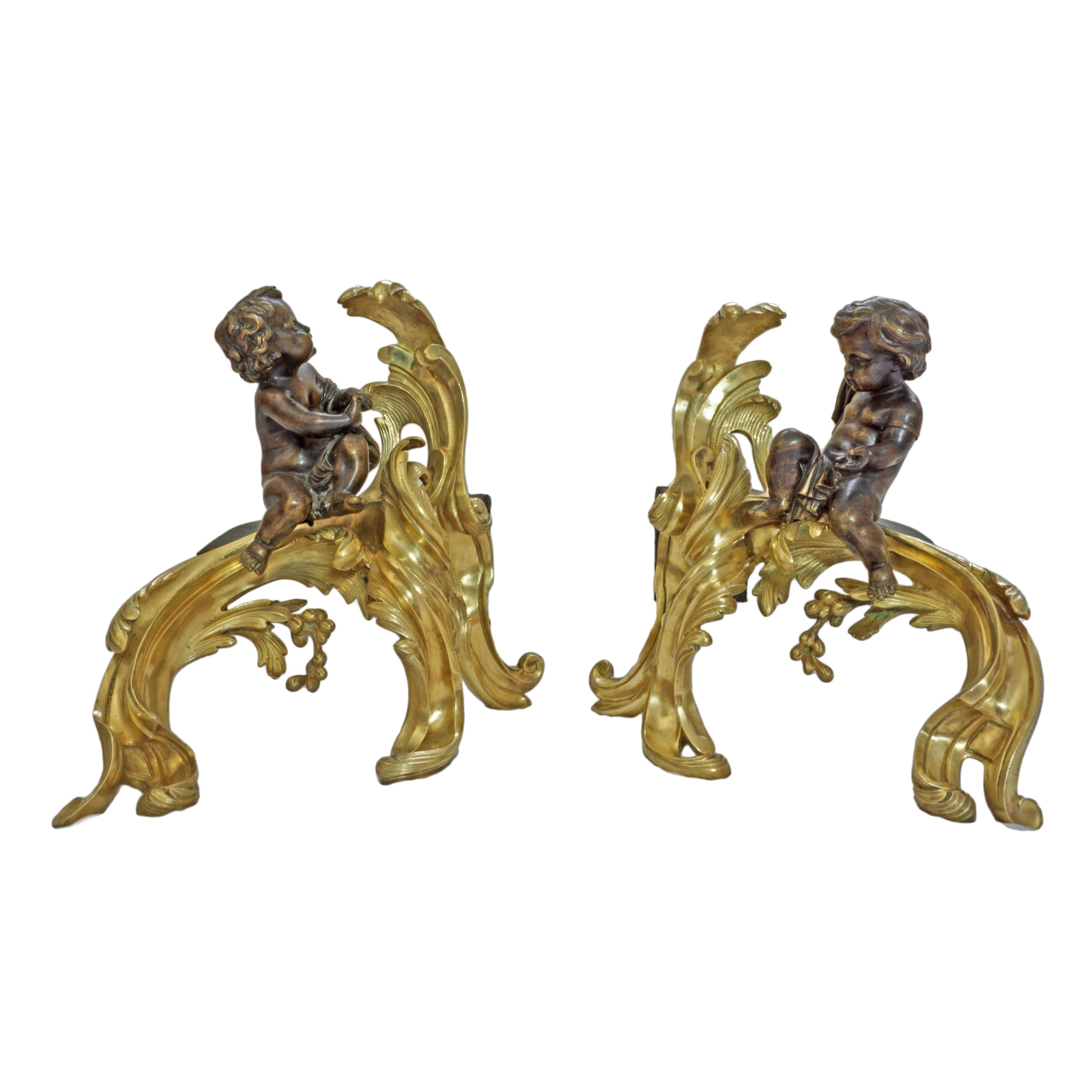 Antique French Bronze Andirons With Children At Play - A Pair