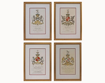 Armorial Engraving Framed Set 4 Coat of Arms Entryway Wall Art English Country Decor Wedding Gift English Peerage Pedigree Heraldic Emblem