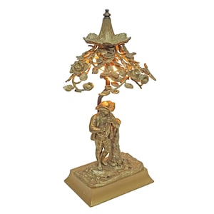 Boudoir Figural Bronze Lamp Flute Player Tree Shepherd Flutist Sculpture Small Bedside Lamp Romantic Gift
