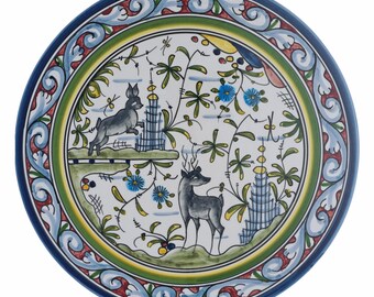 Round Platter Rabbit Deer Nazari Portugal Wall Hanging Plate Hand Painted Pottery Tray Portugal Souvenir Gift Pottery Lover Gift Hostess