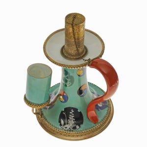 German Chinoiserie Porcelain Chamberstick Candlestick with Brass Mount