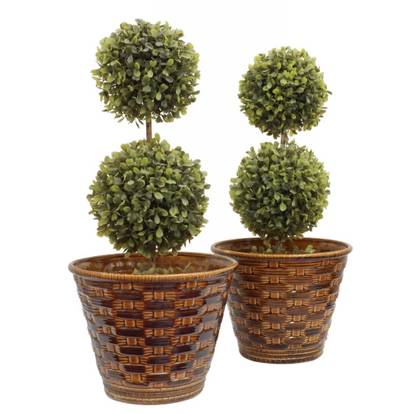 French Majolica Large Cachepot Pair Sarreguemines Topiary Display Basketweave Planter Set of Two Large Flowerpot Gift Gardener Porch Decor