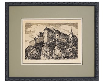 Framed Medieval Castle Etching: Schloss Hellenstein, Germany