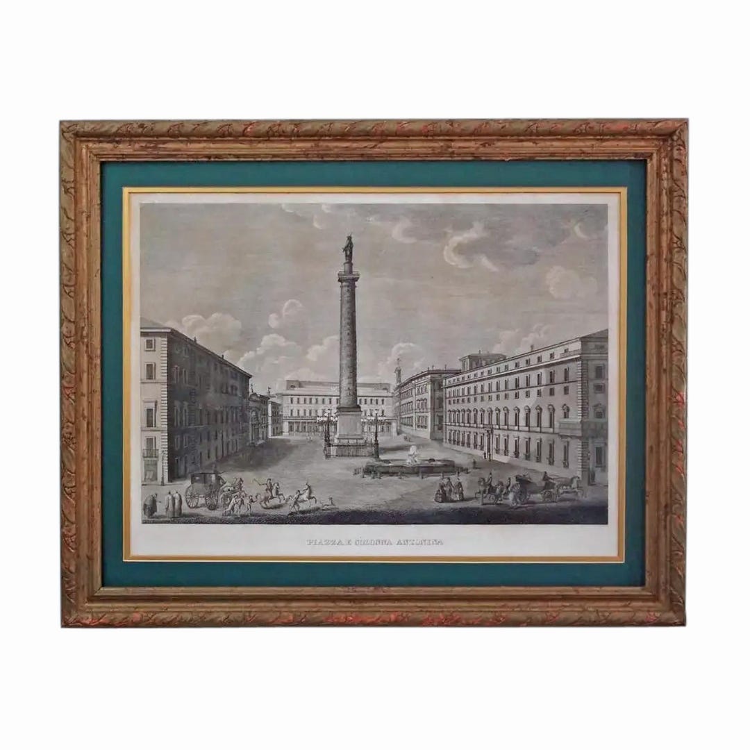 Antique Rome Engraving Roman Square Framed Piazza Colonna Rome Souvenir ...