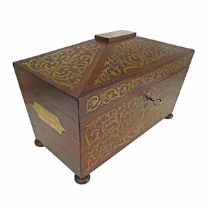 Antique English Regency Tea Caddy: Rosewood Boulle Marquetry Brass Inlay