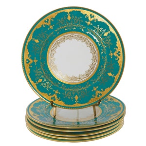 Art Deco Coalport Cabinet Plates: Teal & Gold Gilt, Set of 6