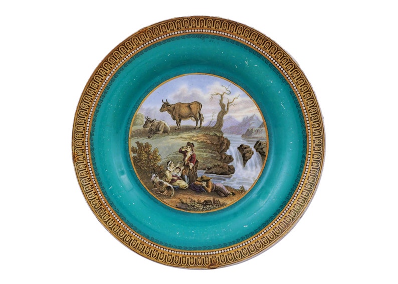 The Waterfall Prattware Fenton Staffordshire Turquoise Transferware Dish Plate 19th Century, England image 1