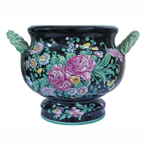 French Faience Planter Large Cachepot Painted Florals Black Flowerpot Handled Vase Faience Gift Gardener Country Decor Hand Painted France