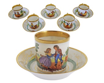 Children at Play Old Paris Empire Set 6 Cup Saucer Gift Child Porcelain Collector French Empire Interior Decor Antique Cup Saucer Gift