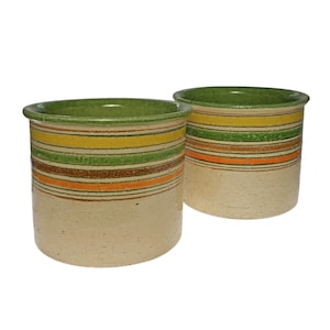 May include: Two ceramic planters with a striped design in shades of green, yellow, orange, and brown. The planters have a light beige background.