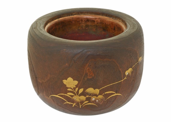 Antique Japanese Hibachi Brazier: Inlaid Wood Copper Planter