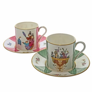 Pair Demitasse Cup Saucer Armorial Chinoiserie Royal Worcester Porcelain Coffee Lover Gift Cup Collector