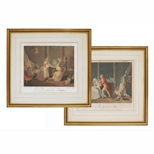 May include: Two framed antique prints with gold-colored frames. The prints depict scenes with figures in period clothing. One print is titled "Le Déjeuner de Parfum" and the other "Ah qu'il est joli". The prints are on a white background.