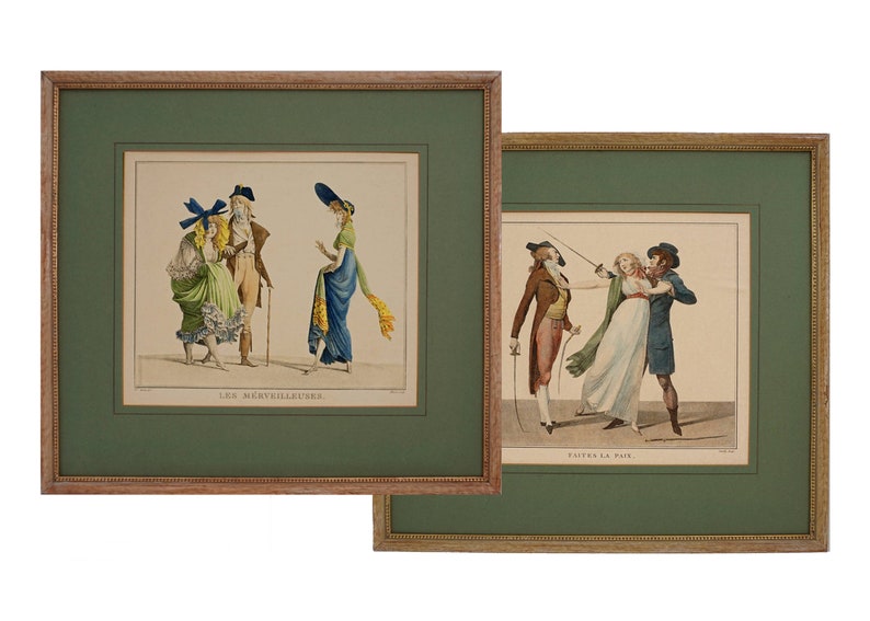 Pair French Satirical Prints Directoire Fashion Costume Framed - Pair French Satirical Prints Directoire Fashion Costume Framed -