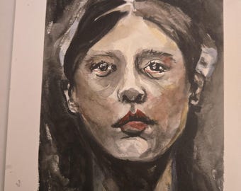 May include: Watercolor portrait of a person with dark hair and a red top. The painting features a somber expression with red lips and a dark background. Signed with the initials "GB" and the date "25".