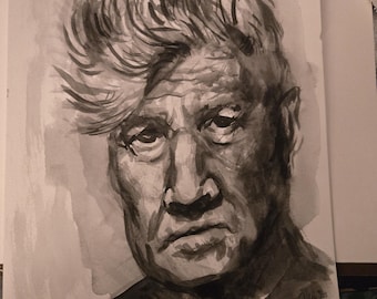 May include: A black and white ink wash portrait on paper depicting a person with thick, swept-back hair, deep-set eyes, and a serious expression. The artwork features expressive brushstrokes and varying shades of gray, with a signature in the corner.