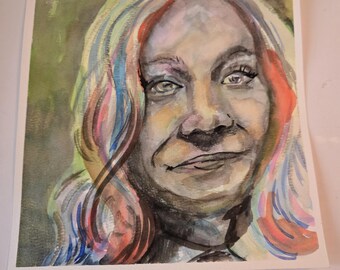 May include: Watercolor portrait of a person with light skin, featuring colorful hair with streaks of red, blue, and yellow. The artwork is on a square piece of paper, with a neutral background.