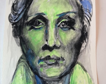 May include: Watercolor portrait of a person with green skin and a somber expression. The artwork features a palette of green, black, blue, and gray hues, with the subject's face and upper body centered against a white background. The painting style is expressive.