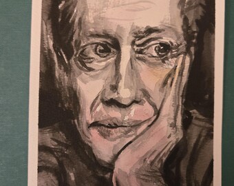 May include: Watercolor portrait of a person with a hand supporting their face. The artwork is primarily in shades of gray and black, with touches of pink on the face and hand. The portrait is on a white background.