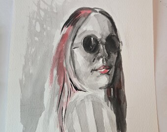 May include: Watercolor portrait of a person with long hair, wearing round sunglasses. The artwork features a grayscale palette with red accents in the hair and lips. The subject is turned slightly, looking over their shoulder.