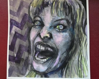 May include: Watercolor painting of a woman with a wide open mouth and intense expression. The woman's face is painted in shades of blue, green, and gray, with green eyes. The background features a purple and white chevron pattern.