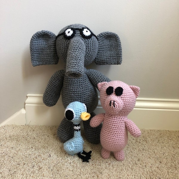 crochet elephant and piggie and pigeon