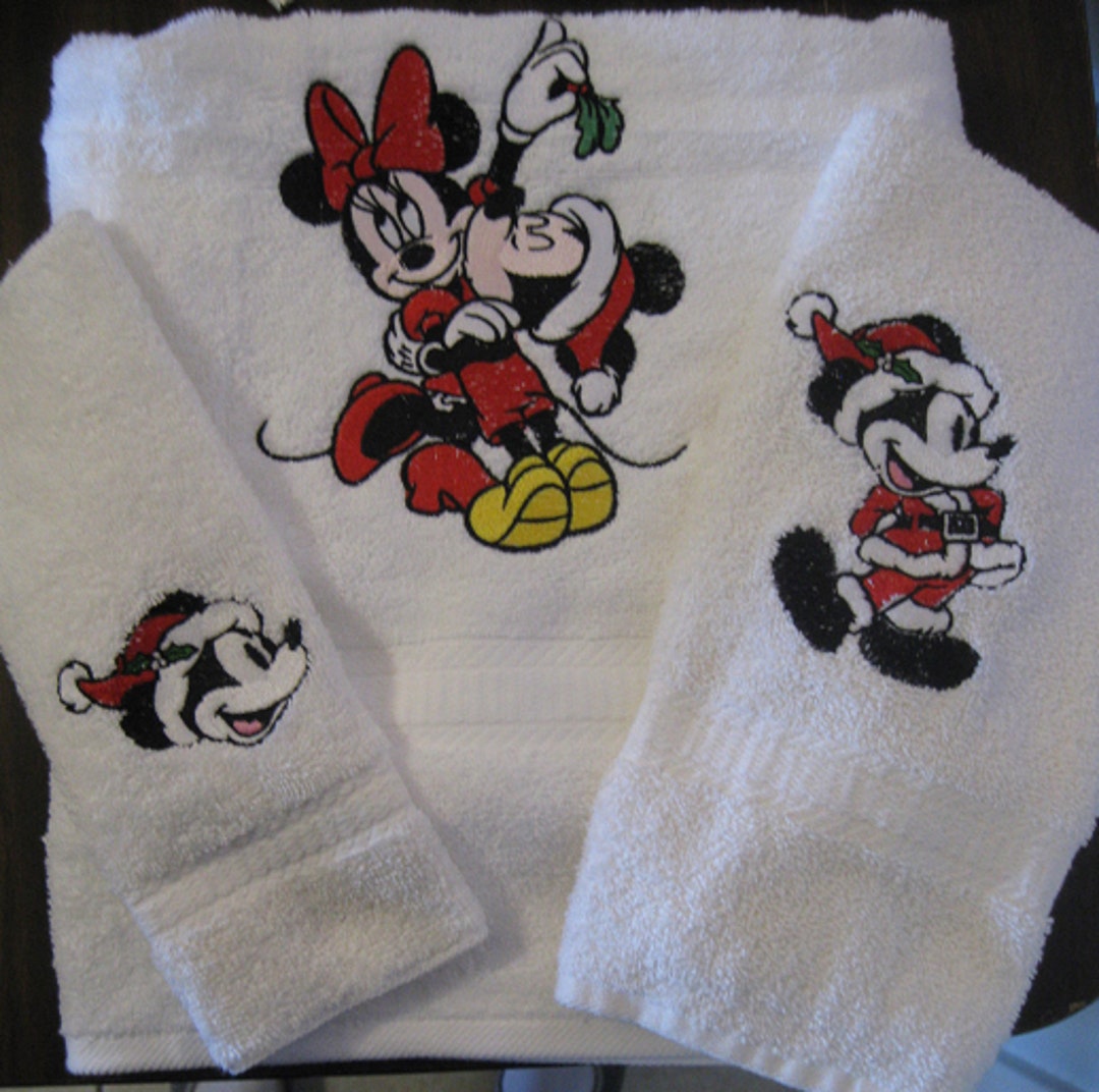 Mickey Mouse Minnie Mouse 2 Hanging Kitchen Dish Towels With Tops Towel Set  Red Blue Crochet Handmade 
