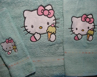Kitty with Ice Cream Embroidered Bath Towel Set