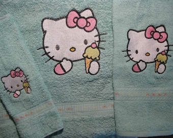 Kitty with Ice Cream Embroidered Bath Towel Set