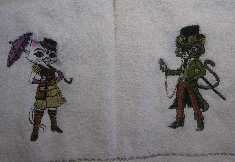 MoonwolfStudios Steampunk Cats Embroidered Hand Towel - Thumbnail 5