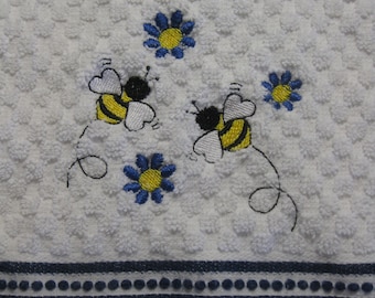 Happy Bee and Daisy Embroidered Kitchen Towel