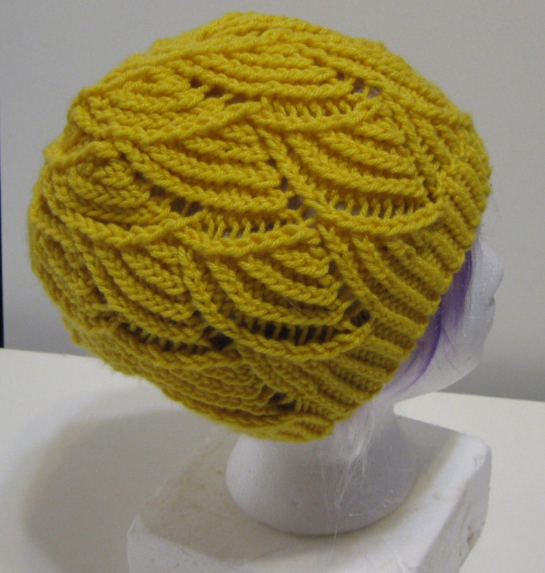 Gold Fan Lace Hand Knit Beanie