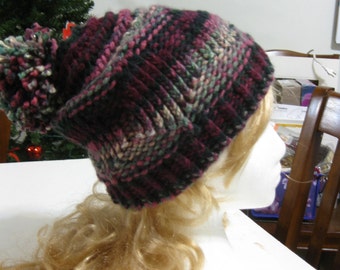 Deep Colors Unisex Hand Knit Hat with Removable PomPom
