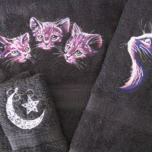Kitty Cats at Night Embroidered Bath Towels