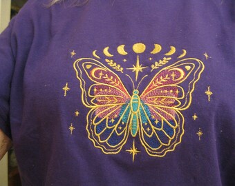 Butterfly with Moon Phases Embroidered T-Shirt