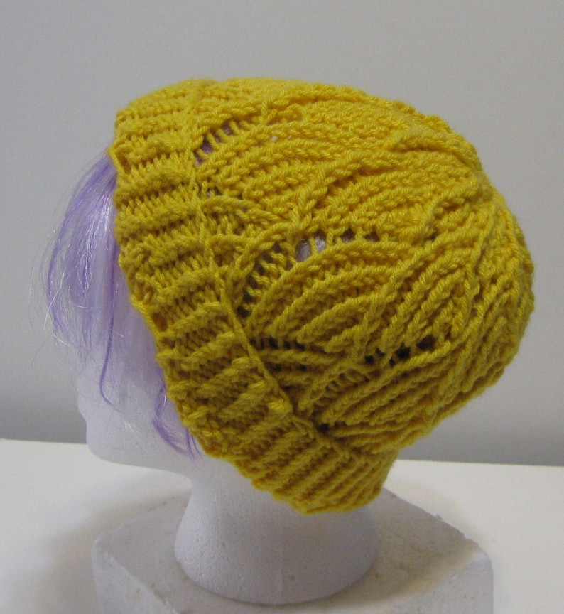 Gold Fan Lace Hand Knit Beanie