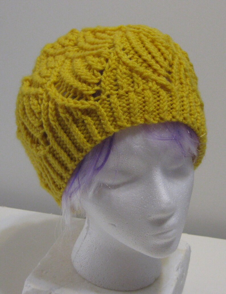 Gold Fan Lace Hand Knit Beanie