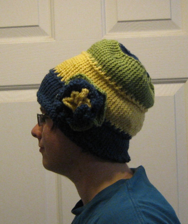 Tri Colored Flower Hand Knt Unisex Beanie