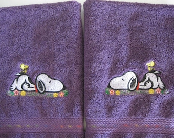 Embroidered Beagle on Grass Purple Hand Towel