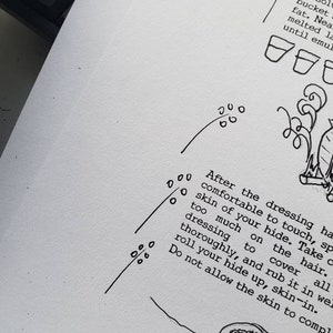 Op de afbeelding: Een zwart-witte illustratie van een handgetekend stappenplan voor het aanbrengen van een dressing op een huid. De tekst luidt: "Nadat de dressing aangenaam aanvoelt, een dunne laag dressing op het haar aanbrengen. Zorg ervoor dat je niet te veel op het haar aanbrengt. Alles grondig bedekken en goed inwrijven. Rol je huid omhoog, met de huid naar binnen. Laat de huid niet volledig drogen."