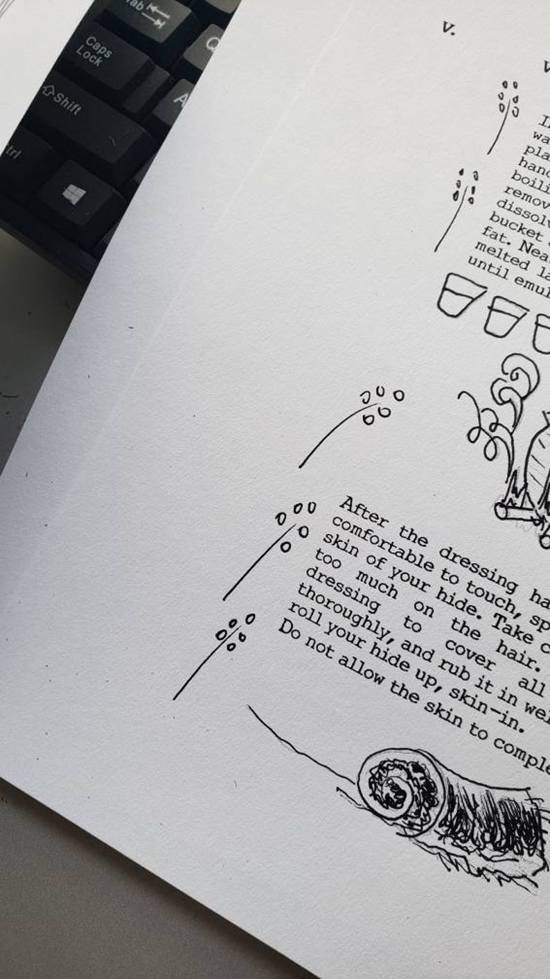 Op de afbeelding: Een zwart-witte illustratie van een handgetekend stappenplan voor het aanbrengen van een dressing op een huid. De tekst luidt: "Nadat de dressing aangenaam aanvoelt, een dunne laag dressing op het haar aanbrengen. Zorg ervoor dat je niet te veel op het haar aanbrengt. Alles grondig bedekken en goed inwrijven. Rol je huid omhoog, met de huid naar binnen. Laat de huid niet volledig drogen."