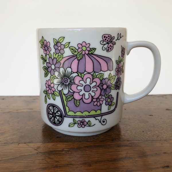 Flower Cart Mug, Purple flower cart mug, vibrant flower mug, double sided floral mug, vintage mug addict, flower wagon tea cup, vintage mug