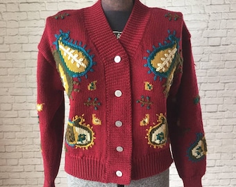 Paisley Embroidered cardigan, Maroon cardigan, Ivy cardigan, medium 90s cardigan, paisley design sweater, jewel tones cardigan