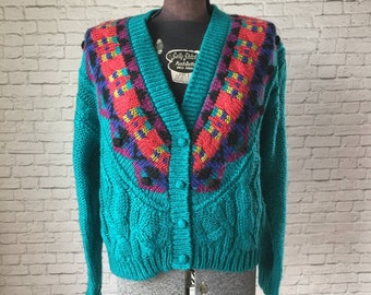 Teal Cardigan, 80s 90s Sweater, Bright Cardigan, hand knit acrylic cardigan, IVY, Deep V neck button up sweater, textured sweater, colorful