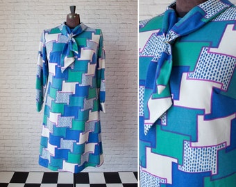 Vintage shift dress, mod sheath dress, bright abstract, geometric pattern, teal and blue secretary dress, scarf collar with ring, midi