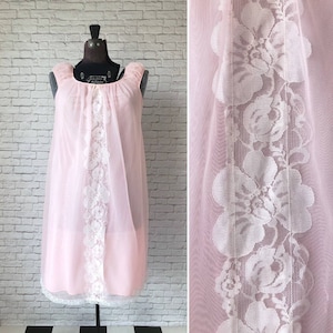 pink slip dress, sheer lined night gown, lace accent, vintage flowy pastel sleeveless dress, lace lingerie, sexy negligee, flirty, valentine